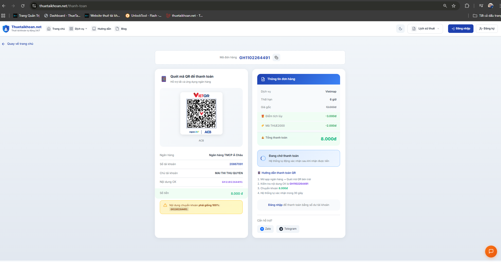 Thanh toán QR Banking tại Thuetaikhoan.net - tự động xác nhận 30 giây
