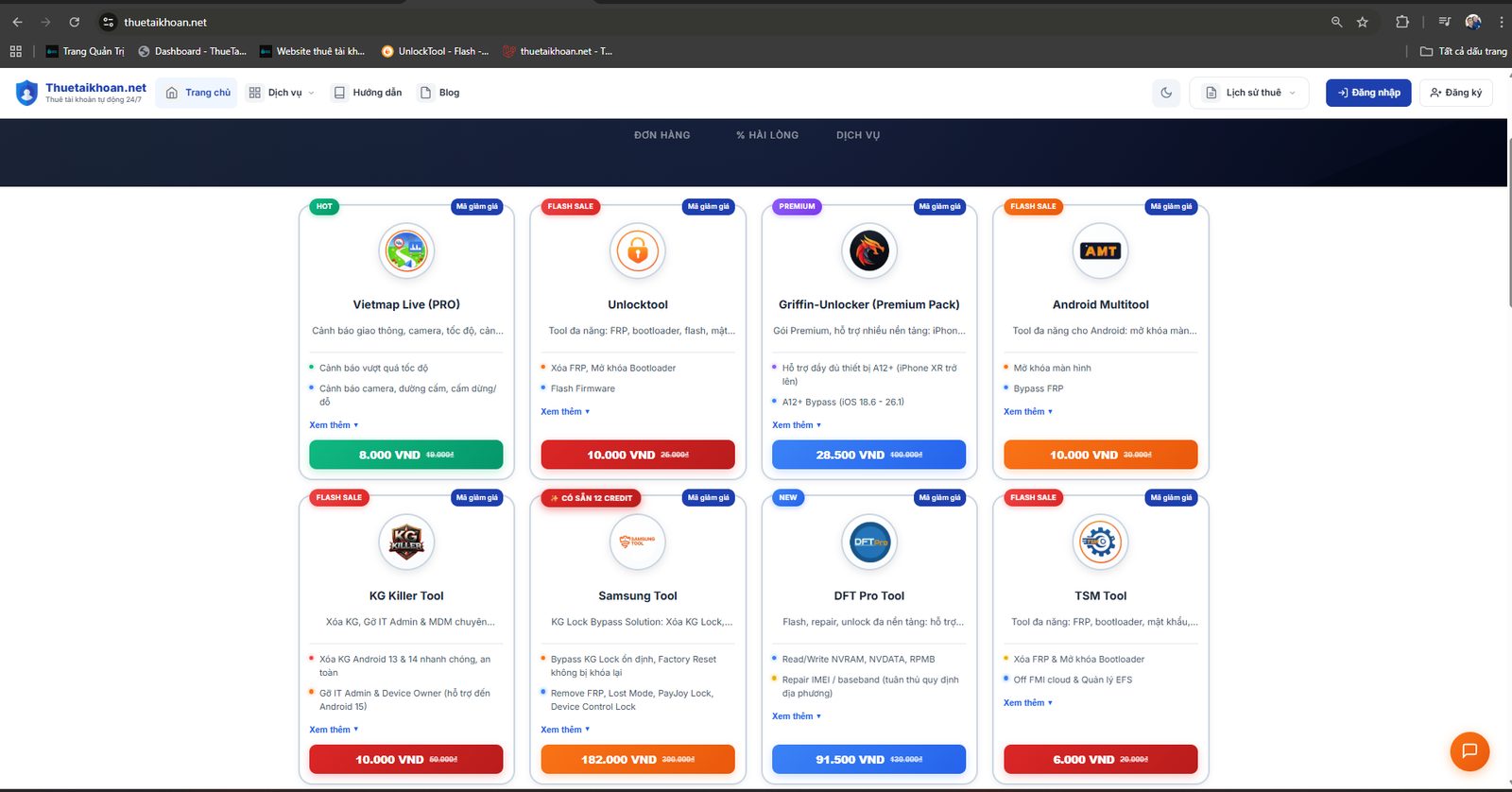 Trang chủ Thuetaikhoan.net - nền tảng cho thuê tài khoản GSM tool và Vietmap Live Pro