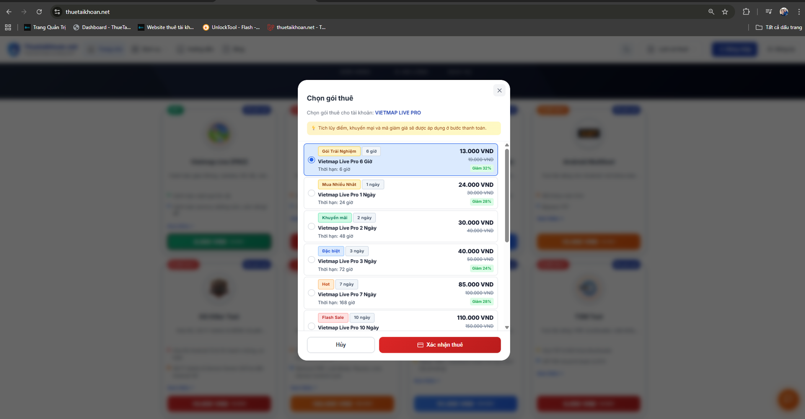 Bảng giá thuê Vietmap Live Pro tại Thuetaikhoan.net - giá từ 8.000đ/6h đến 199.000đ/30 ngày