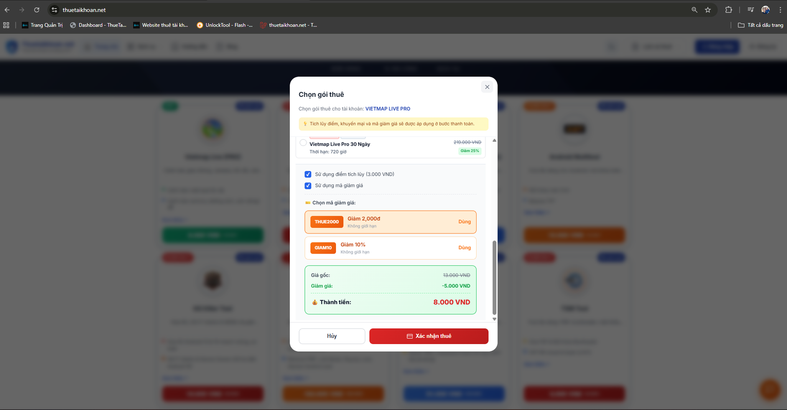 Áp dụng mã giảm giá THUE2000 và điểm tích lũy tại Thuetaikhoan.net - thành tiền chỉ 8.000đ